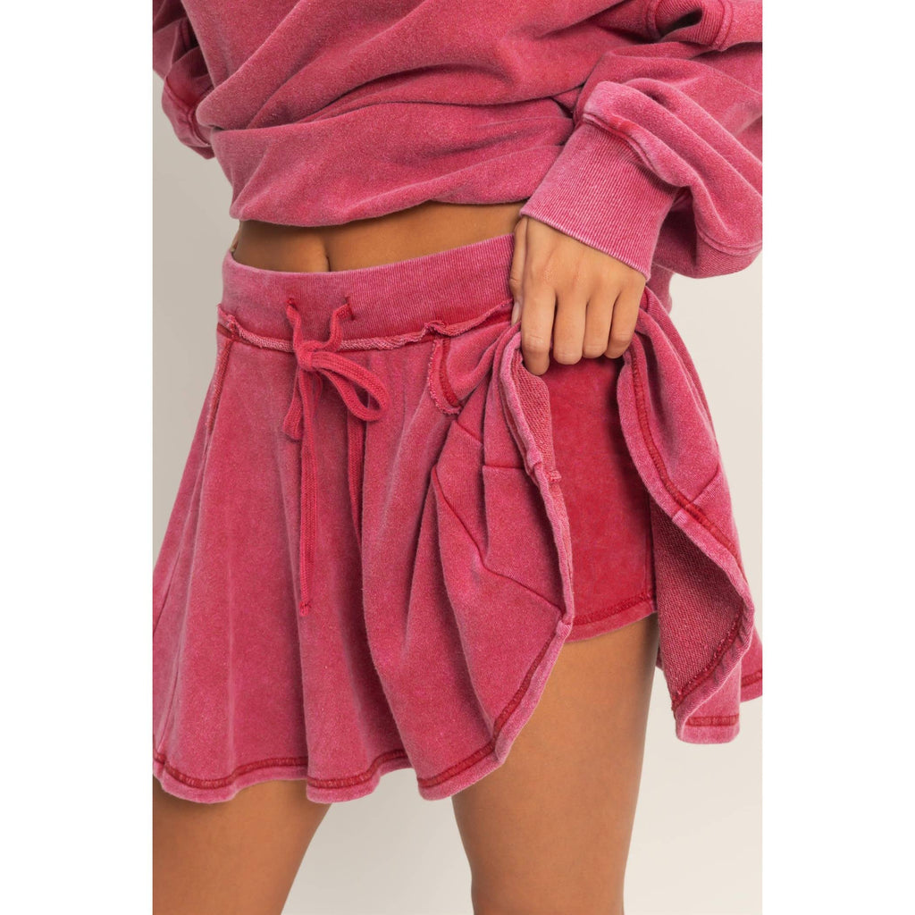 Acid Washed Mid Waist Flowy Skort: DARK RED