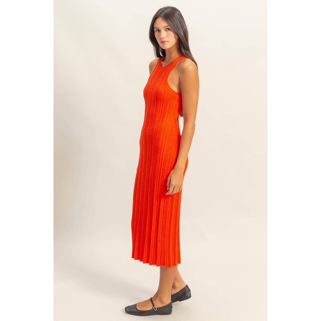Round Neck Bodycon Ribbed Knit Dress: TOMATO