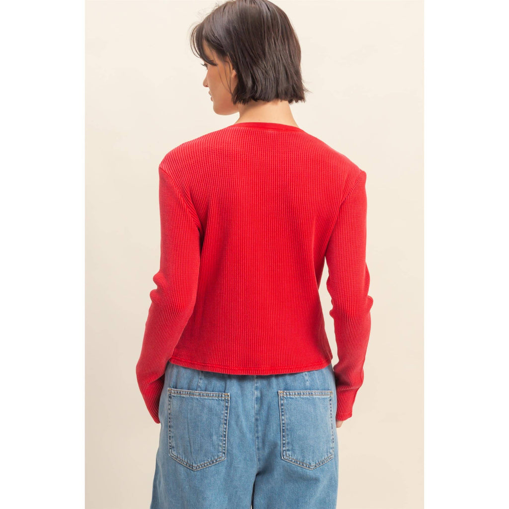 Mineral Wash Waffle Knit Long Sleeve Top: RED