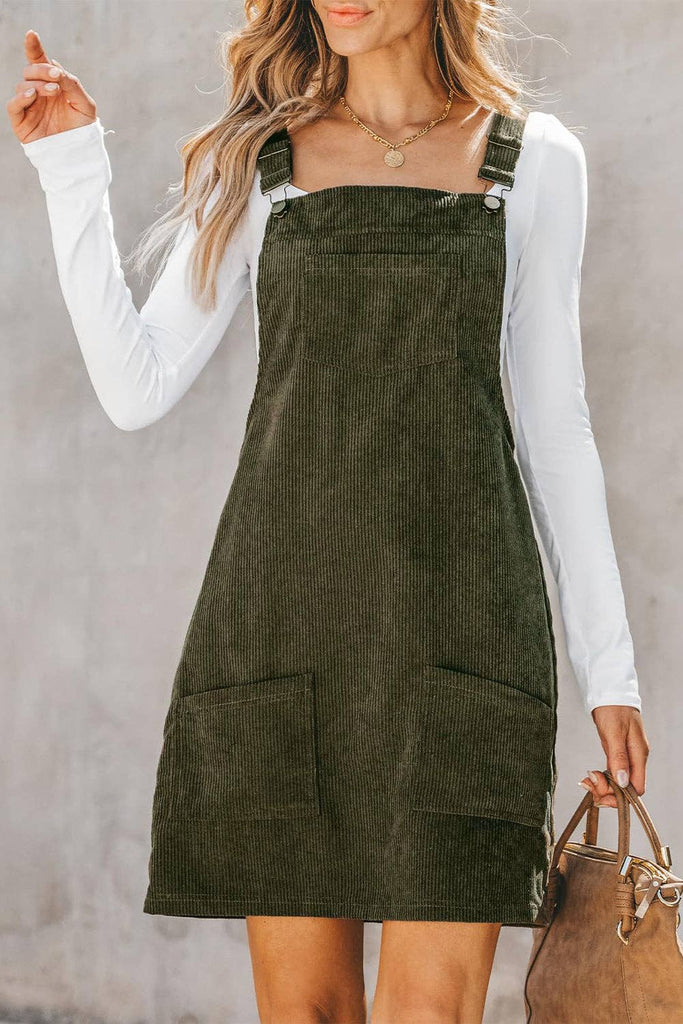Solid Front Pockets Sleeveless Corduroy Overall Dress: Vineyard Green / 100%Polyester / XL