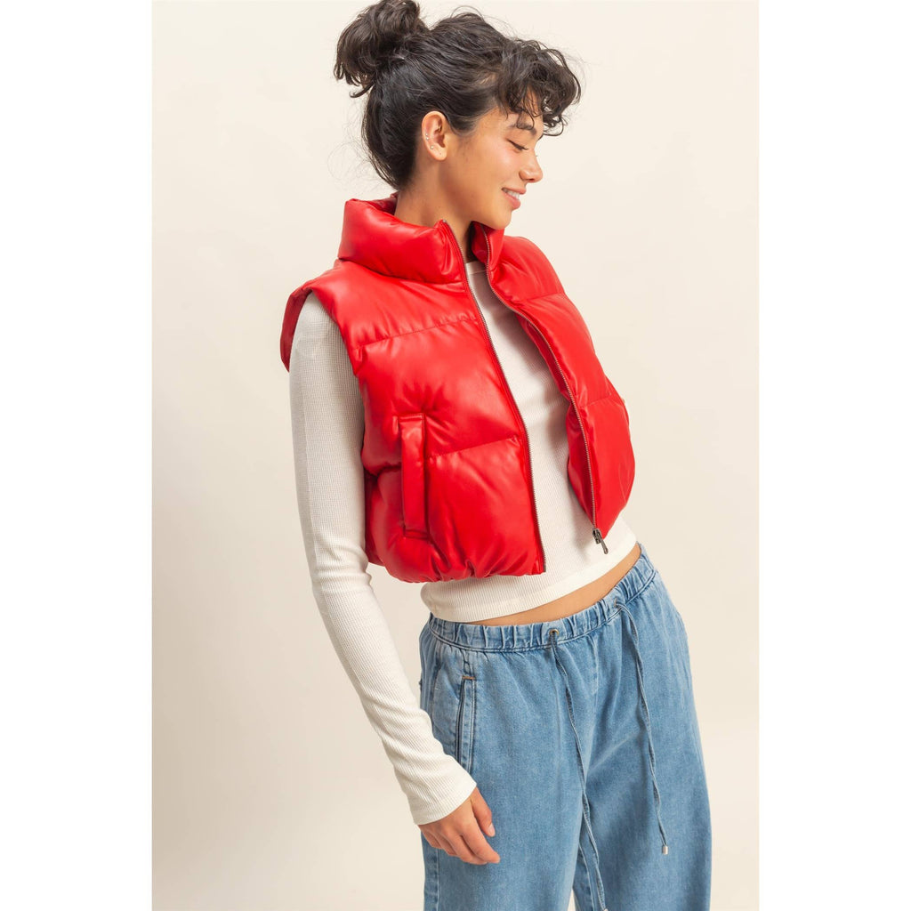 Faux Leather Cropped Puffer Vest