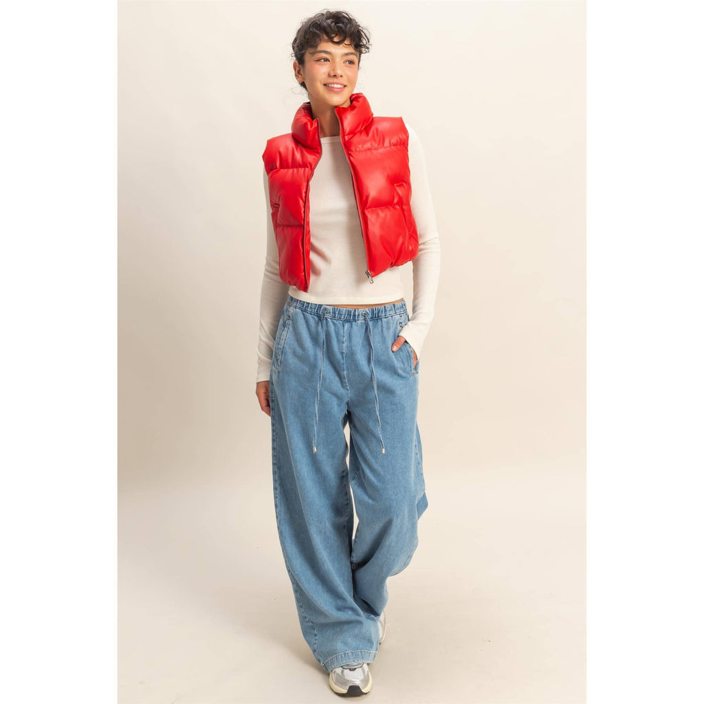 Faux Leather Cropped Puffer Vest