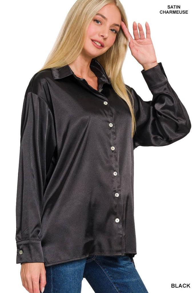 Satin Button Down Shirts: SILVER/ L