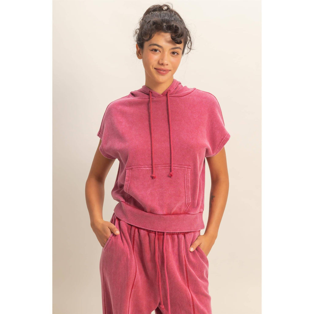 Acid Washed Sleeveless Hooded Kangaroo Pocket Top: DARK RED