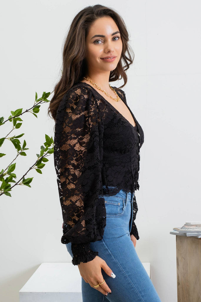 LACE BUTTON DOWN LONG SLEEVE CROP TOP: BLACK