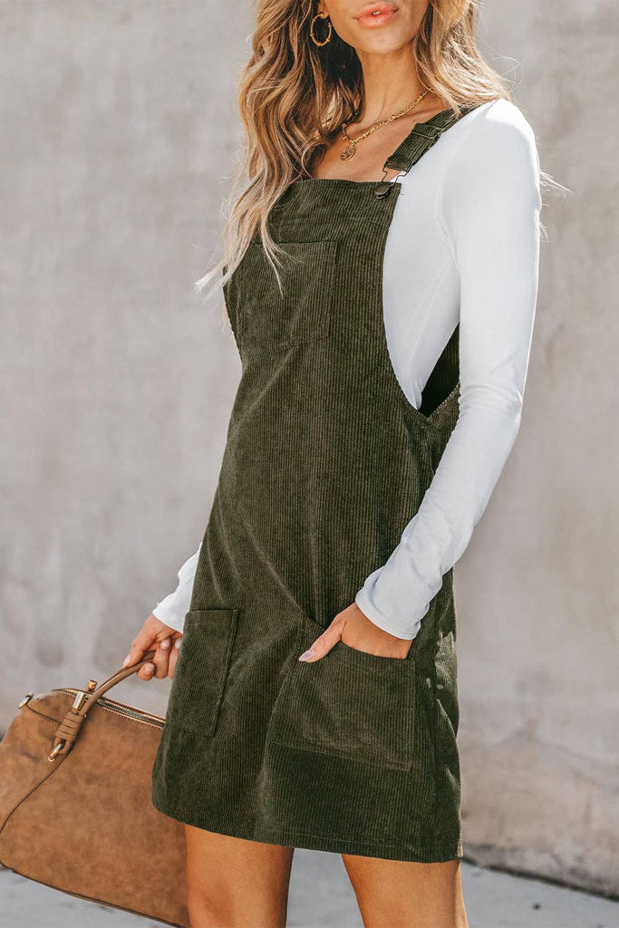 Solid Front Pockets Sleeveless Corduroy Overall Dress: Vineyard Green / 100%Polyester / XL