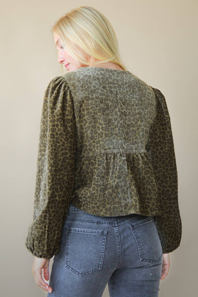 Leopard Printed Front Tie Woven Blouse Top: OLIVE