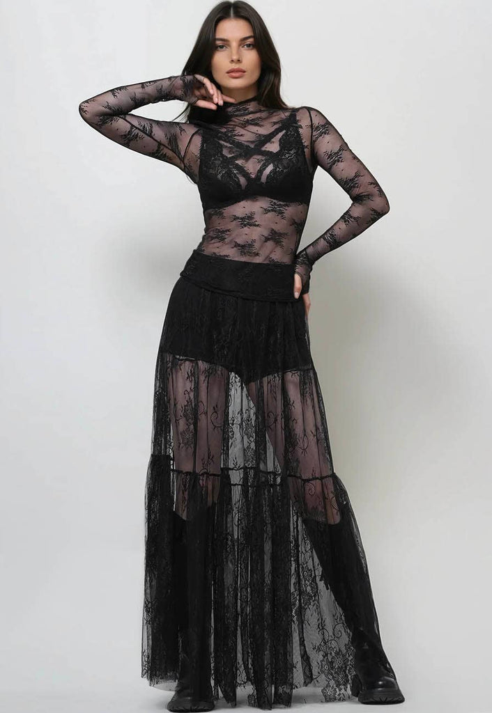 Lux Layering Floral Lace See Through Mesh Top Blouse: Black / M
