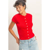 Button Front Short Sleeve Knit Top: RED