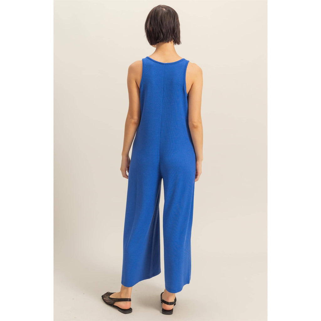 V-Neck Sleeveless Wide Leg Jumpsuit: COBALT