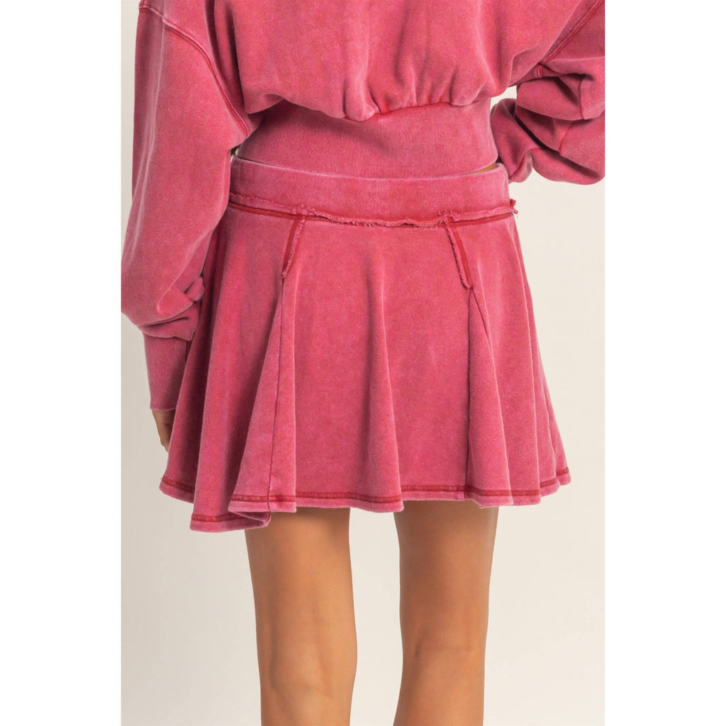 Acid Washed Mid Waist Flowy Skort: DARK RED