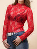Ladies Floral Lace Blouse See Sheer Layering Top: Red / L