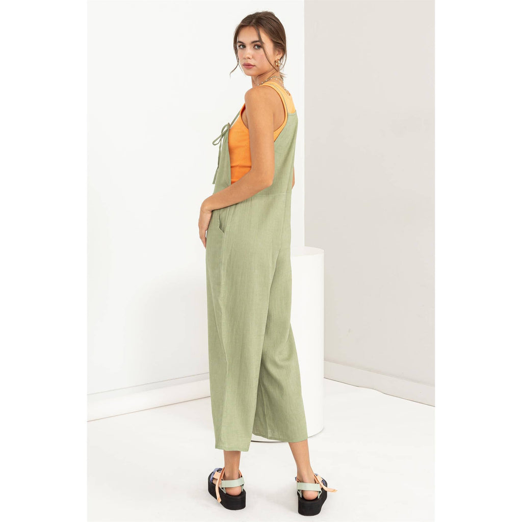 TIE SHOULDER JUMPSUIT: L / OLIVE