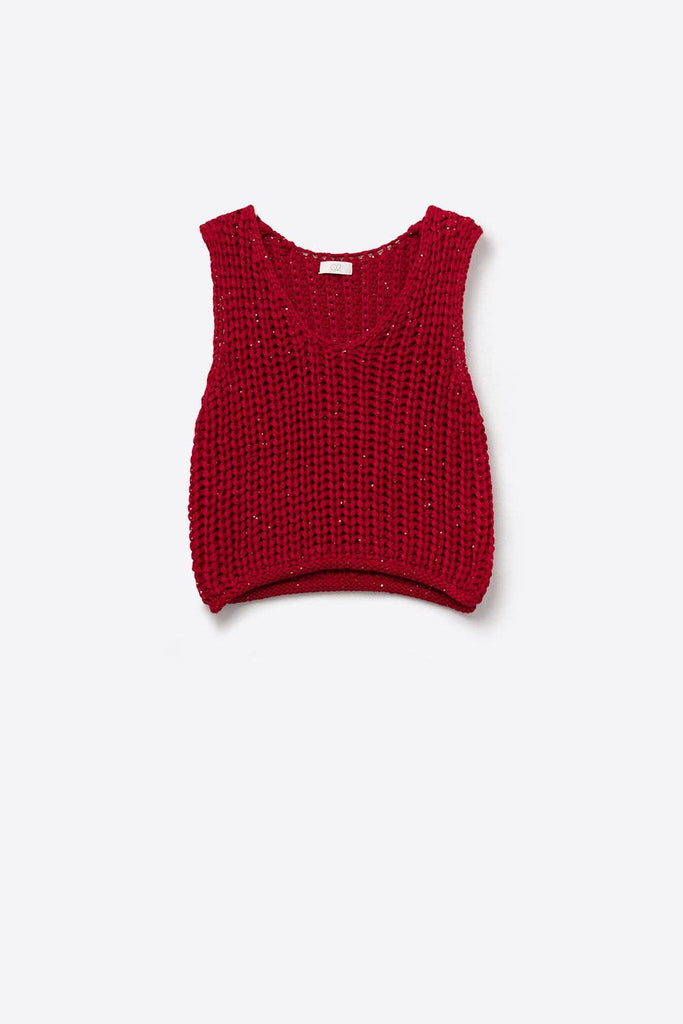 Crochet Cropped Vest in Red With sequins Thread: RED / ONE