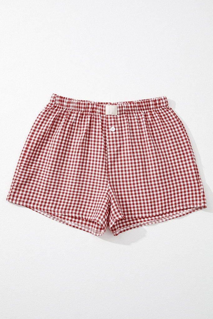Red Plaid Gingham Printed High Waist Shorts: Red Stripe / 100%Polyester / M
