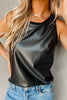 Black Faux Leather Crew Neck Tank Top: Black /  S