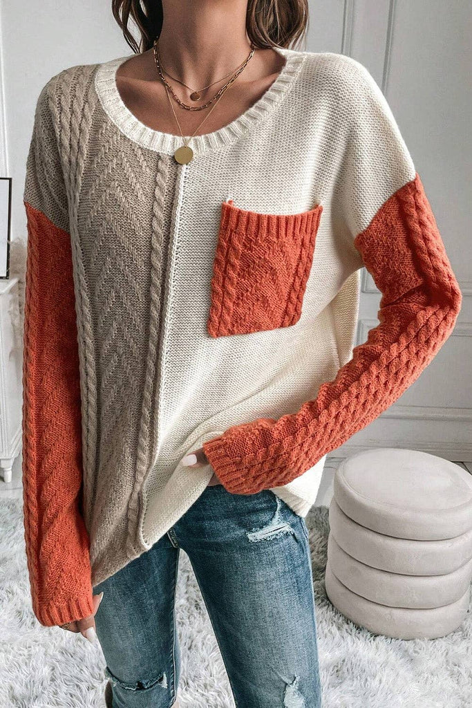 Gold Flame Colorblock Patched Pocket Drop Shoulder Sweater: Gold Flame /  XL