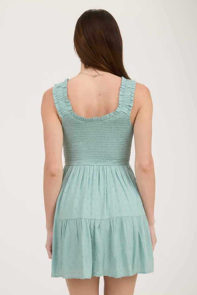 CLIPDOT BOW DETAIL SMOCKED SLEEVELESS MINI DRESS: WHITE