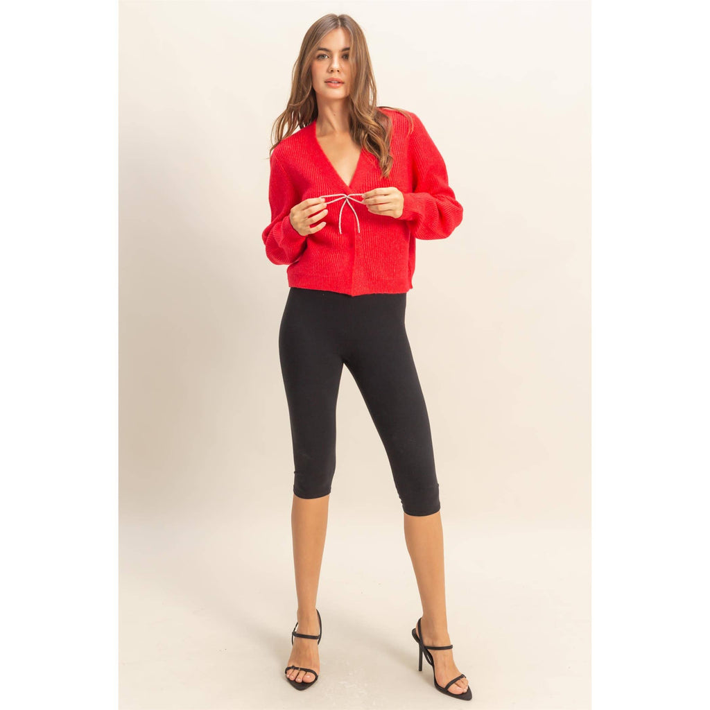 Sparkly Bow Embellished Cozy Cardigan: RED