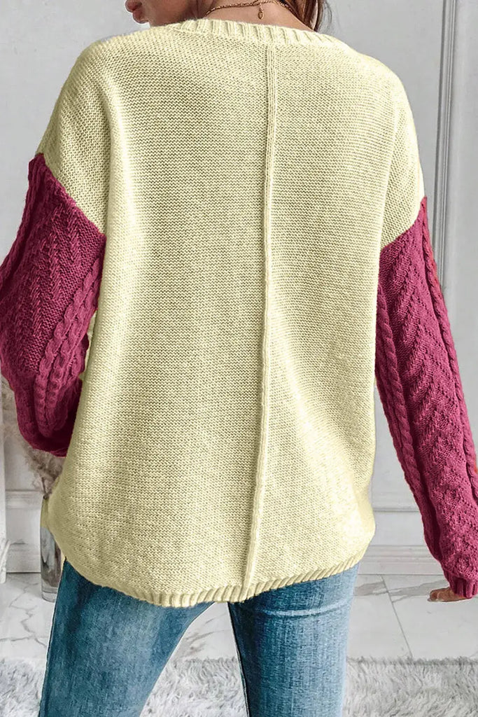 Gold Flame Colorblock Patched Pocket Drop Shoulder Sweater: Gold Flame / 65%Acrylic+35%Polyamide / L
