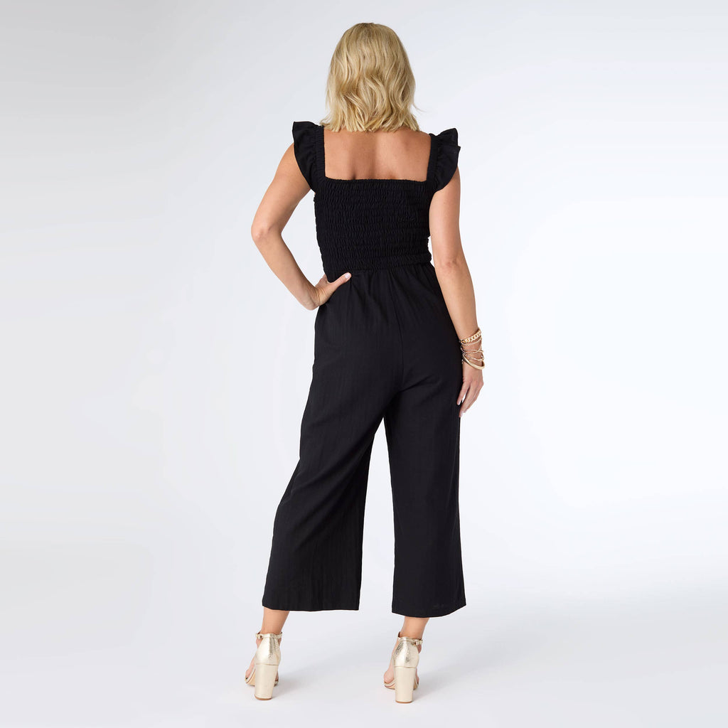 Kohde Wide Leg Smocked Jumpsuit: Black / XS