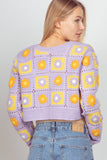 NJ90246-Multi-Color Floral Crochet Cropped Knit Cardigan: NATURAL / S.M/M.L-3/3