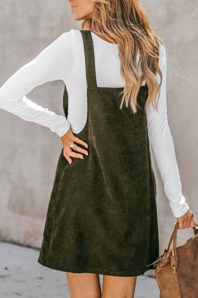 Solid Front Pockets Sleeveless Corduroy Overall Dress: Vineyard Green / 100%Polyester / M