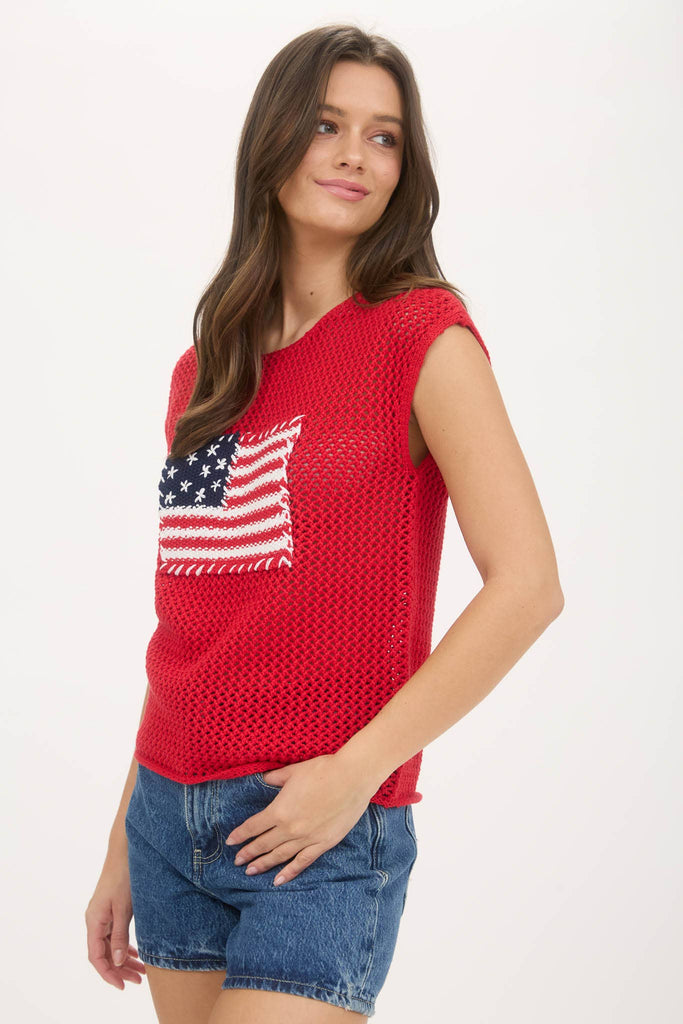 AMERICAN FLAG CROCHET KNIT SWEATER TOP: RED