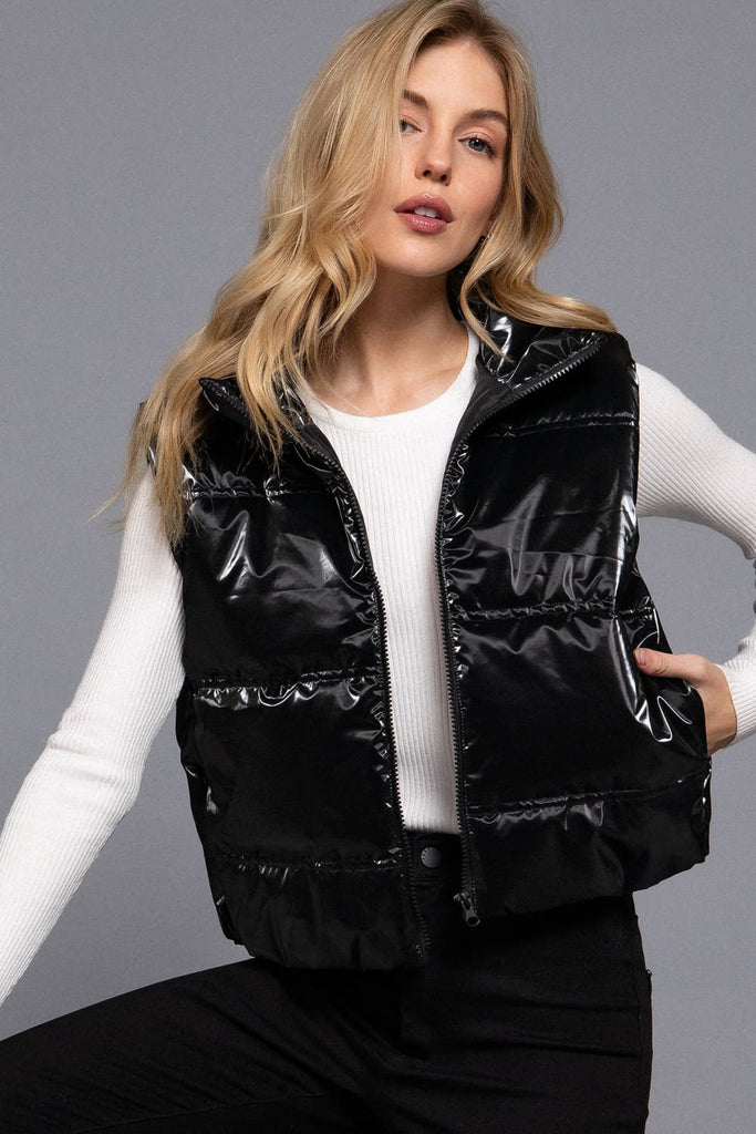 High Neck Zip Up Vest: black / L