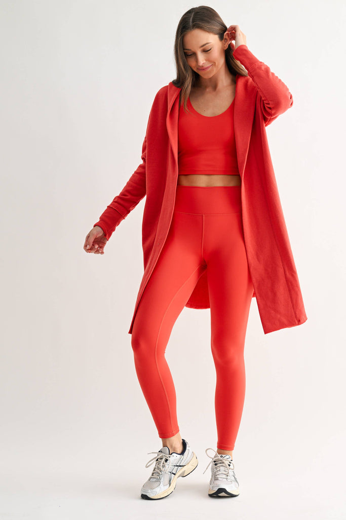 Open Front Longline Hoodie Cardigan: BLUSHED BRICK