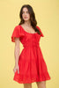 FRONT TIE STRAP SHORT SLEEVE TIERED MINI DRESS: RED