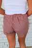 Red Plaid Gingham Printed High Waist Shorts: Red Stripe / 100%Polyester / XL