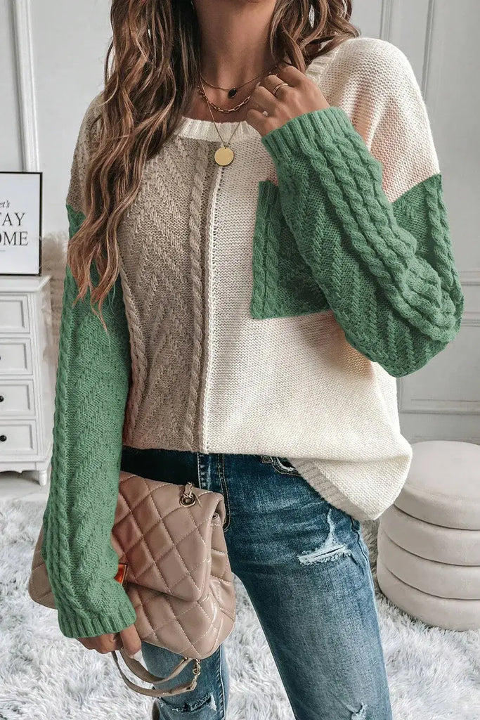 Gold Flame Colorblock Patched Pocket Drop Shoulder Sweater: Gold Flame / 65%Acrylic+35%Polyamide / L