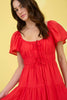 FRONT TIE STRAP SHORT SLEEVE TIERED MINI DRESS: RED