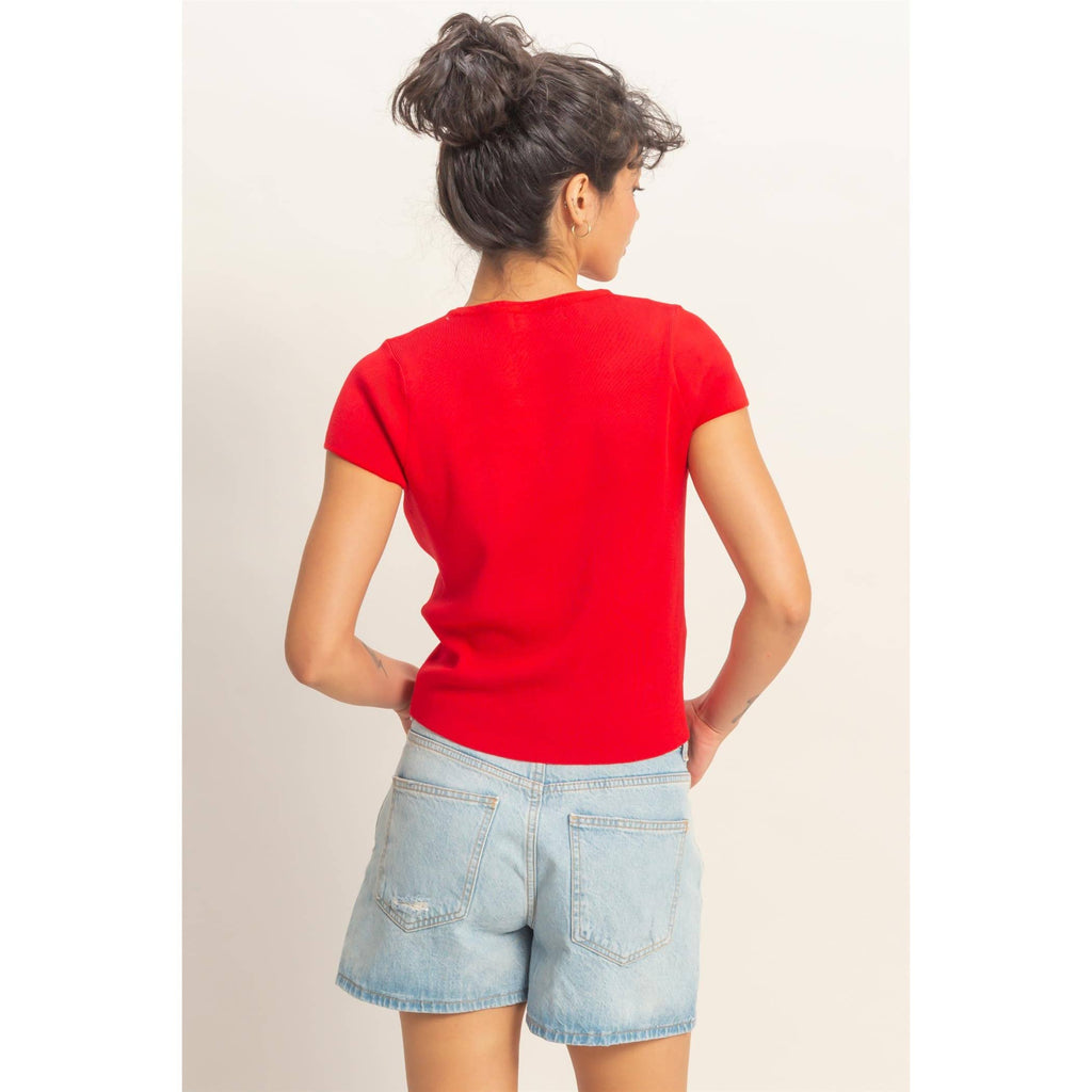 Button Front Short Sleeve Knit Top: RED