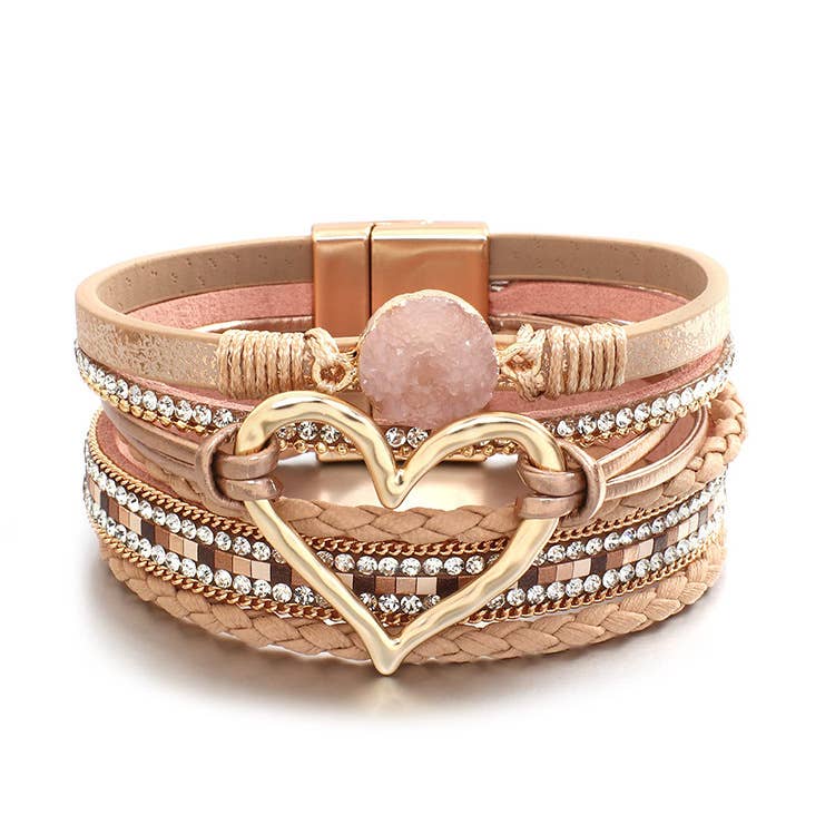 Bohemian Heart Rhinestone Magnetic Buckle Bracelet: Silver Gray-Silver / Alloy / ONE SIZE