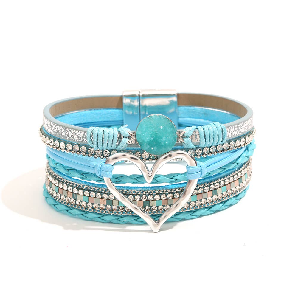 Bohemian Heart Rhinestone Magnetic Buckle Bracelet: Silver Gray-Silver / Alloy / ONE SIZE