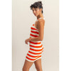 Striped Sleeveless Bodycon Mini Dress: TOMATO/CREAM