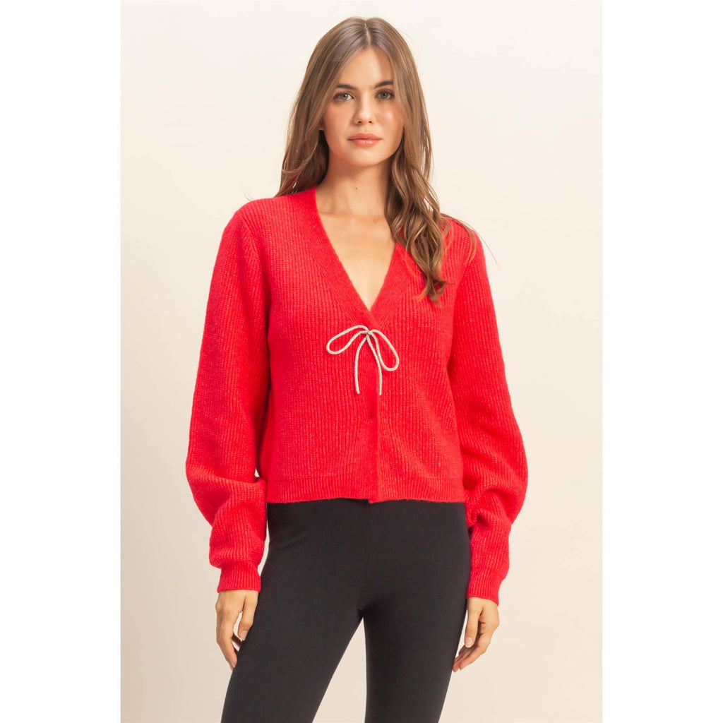 Sparkly Bow Embellished Cozy Cardigan: RED