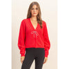 Sparkly Bow Embellished Cozy Cardigan: RED