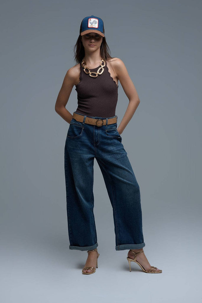 Ribbed Halter Top With Scalloped Finish in brown: BROWN / ONE