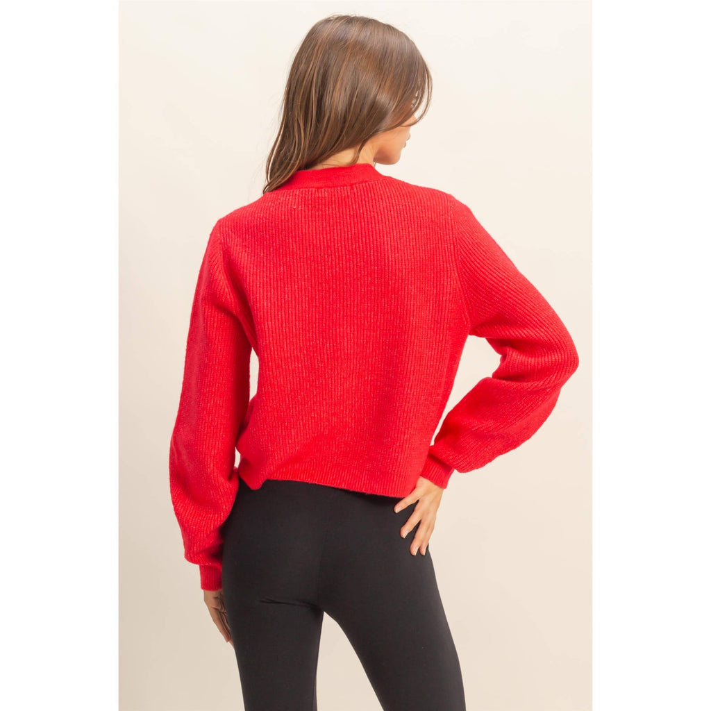 Sparkly Bow Embellished Cozy Cardigan: RED