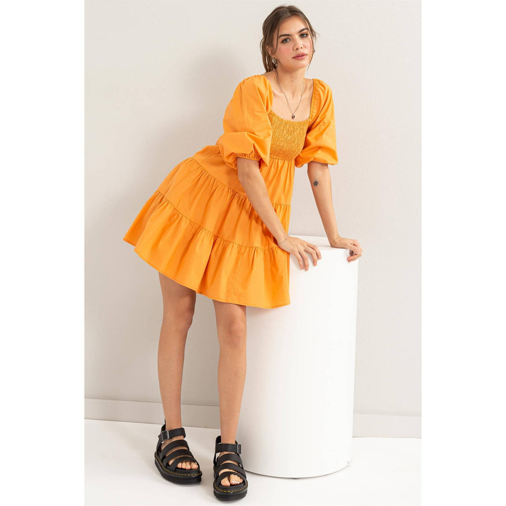 SMOCKED MINI DRESS: ORANGE / M