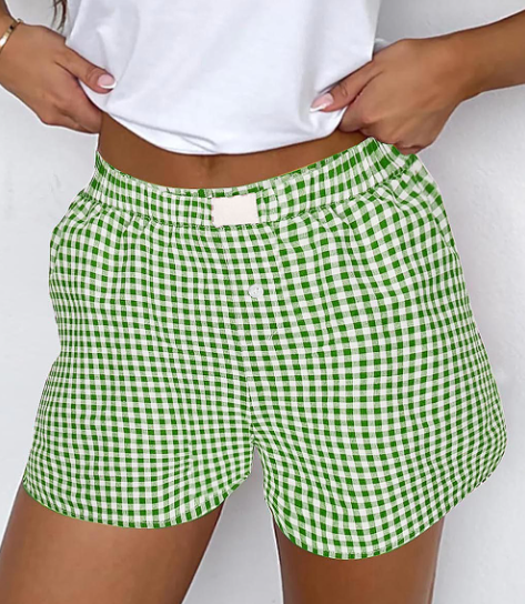 Red Plaid Gingham Printed High Waist Shorts: Red Stripe / 100%Polyester / XL