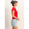 Button Front Short Sleeve Knit Top: RED