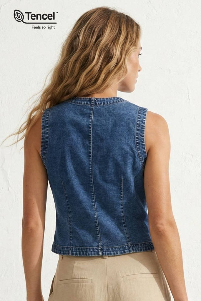 Tencel Acid Wash Denim Vest: Dark Blue / L