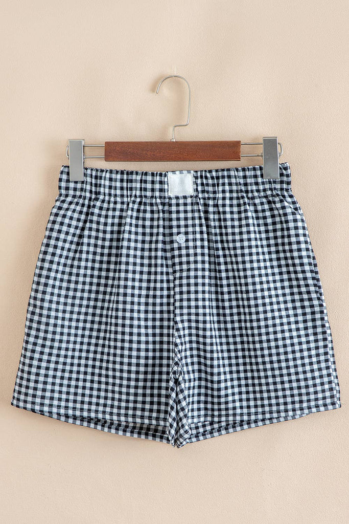 Red Plaid Gingham Printed High Waist Shorts: Red Stripe / 100%Polyester / XL