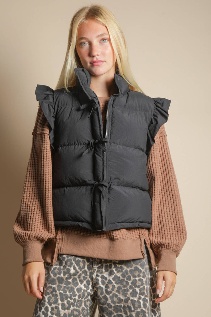 Front Bow Ruffle Sleeve Puffer Vest: BLACK