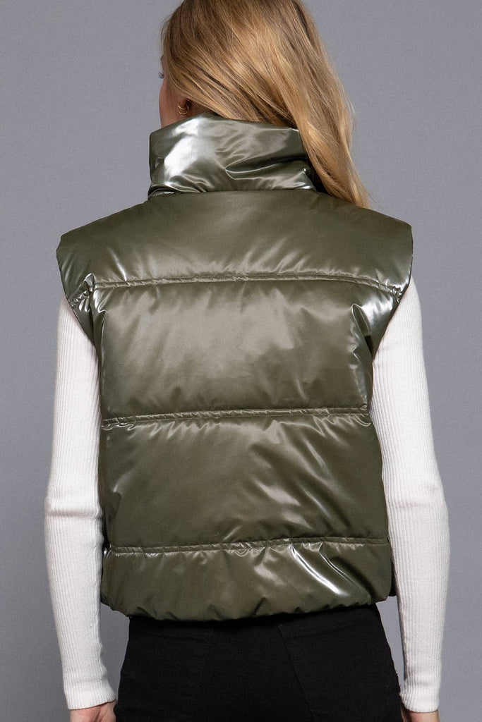 High Neck Zip Up Vest: olive / S
