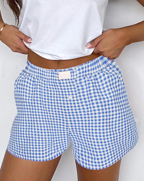 Red Plaid Gingham Printed High Waist Shorts: Red Stripe / 100%Polyester / XL